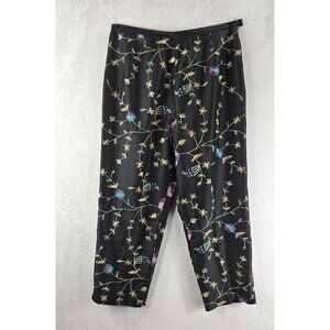 Silkland Black Embroidered Pants Capri Sz12 Lined Floral Cottage Chic Ankle
